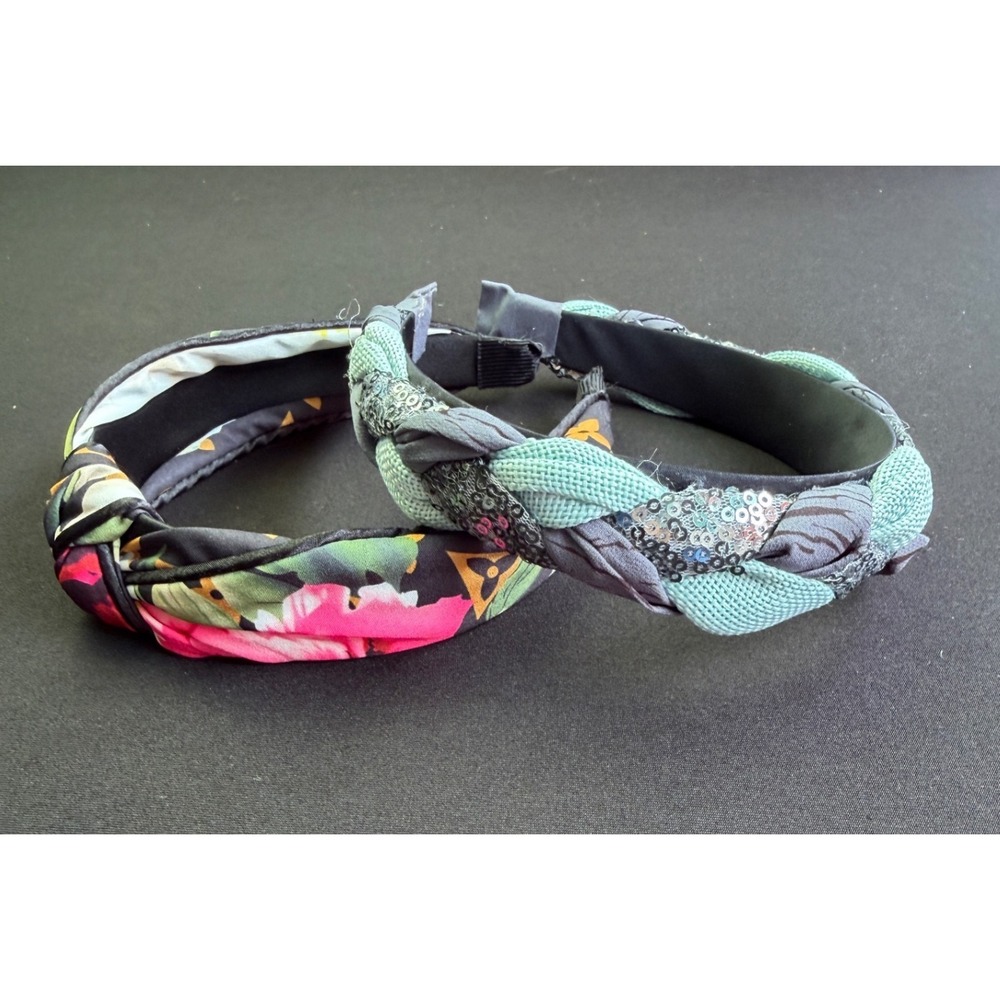 2pc Headband Set Pink‎ Floral Top Knot Braided Blue Sequin Boho Preppy Hair OSFM